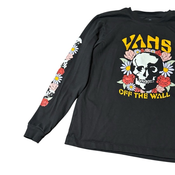 Vans Skull Rose Floral Graphic Long Sleeve T Shirt SZ L Black Punk Grunge Skater - Picture 4 of 12